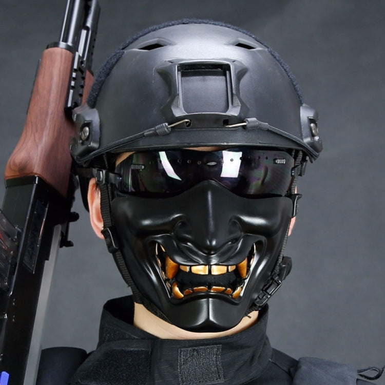 Half-face grimace mask worn with tactical helmet and clear visor