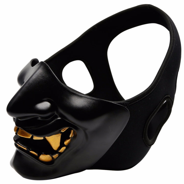 Black half-face tactical grimace mask, side profile with open-mouth teeth detail