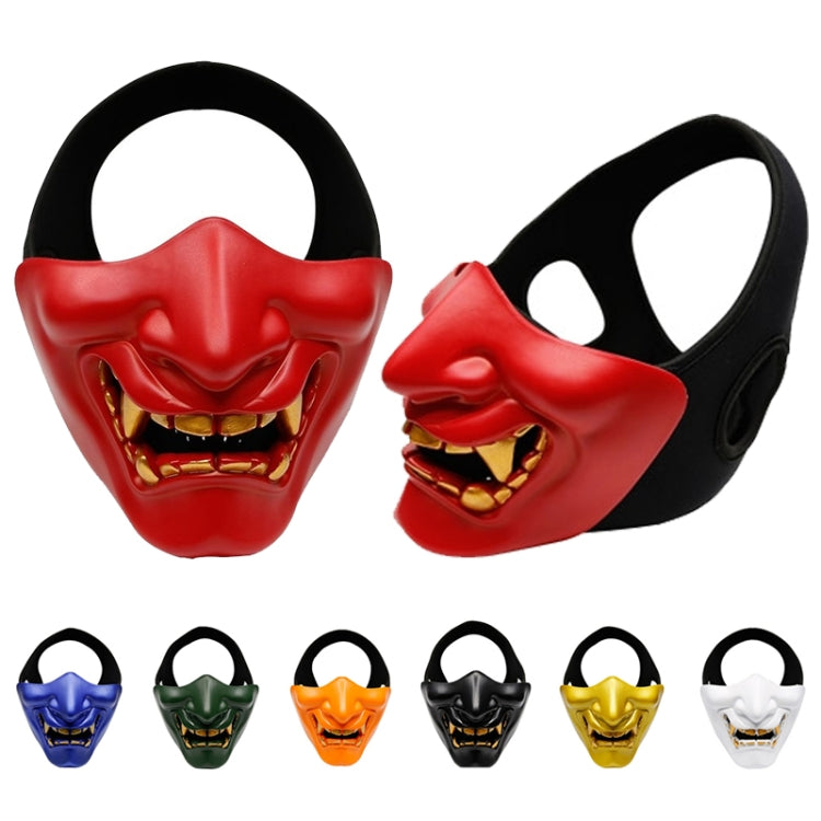 Halloween half-face grimace masks assortment, showing red and black open-mouth designs