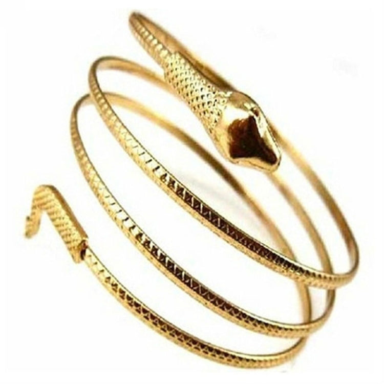 Twisted snake bangle bracelet set, three gold-tone cuffs with snake-head end pieces