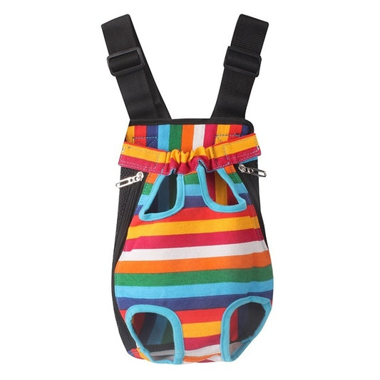 Striped pet chest backpack carrier with black shoulder straps and side buckles