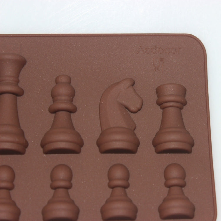 Silicone chess piece mold with close-up of king, rook, and knight cavities