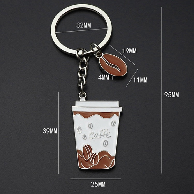 Mini coffee cup keychain with metal ring, chain, and white cup pendant