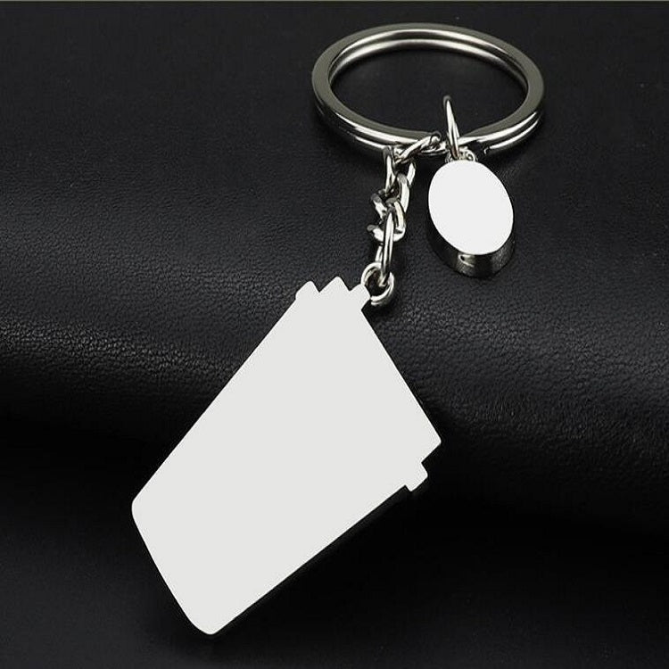Coffee cup keychain with silver ring, chain, and white metal cup pendant