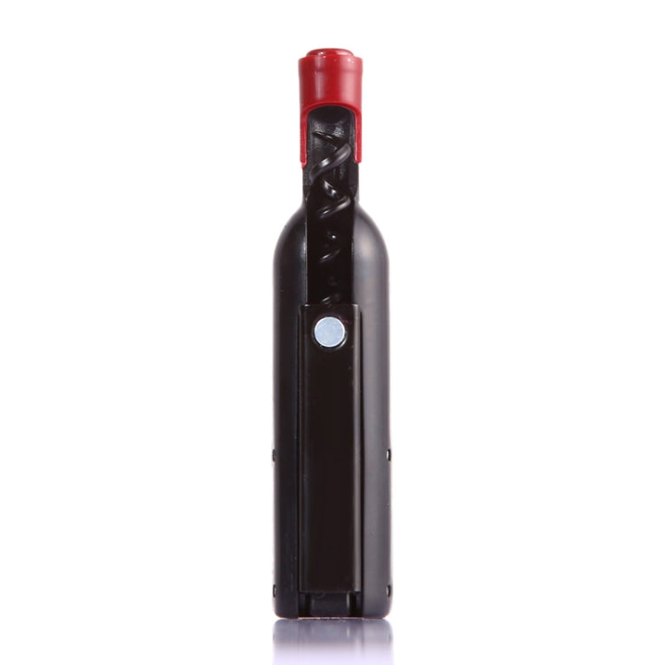 Black upright bottle opener tool with red cap and corkscrew mechanism