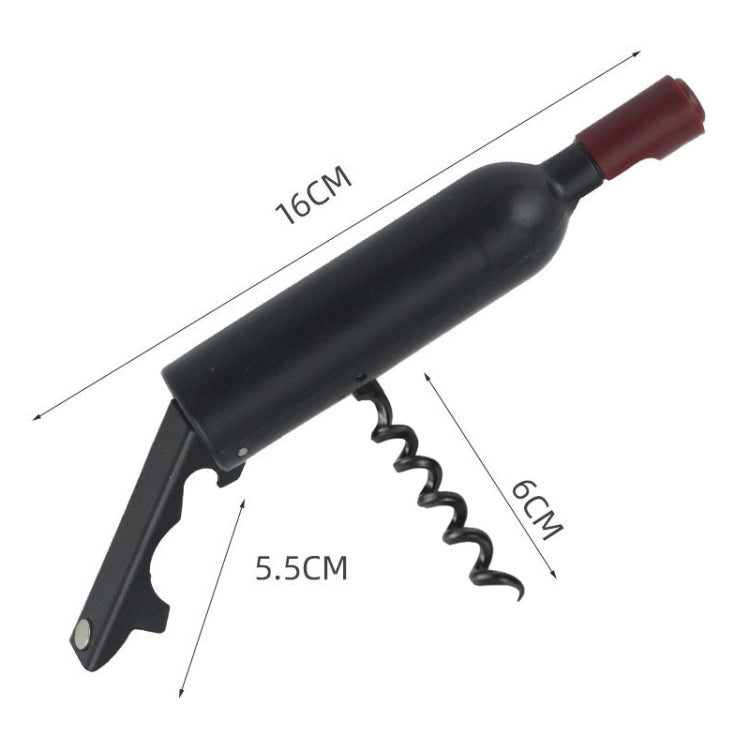Black bottle opener with red handle end, corkscrew and measurement graphic
