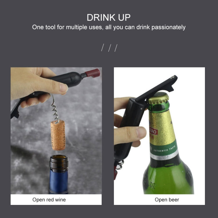Black multifunction bottle opener with red end, shown ready to open