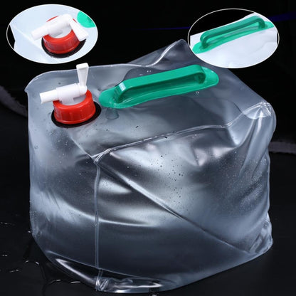 Transparent PVC water bag with green handle, red spout dispenser and foldable tap.