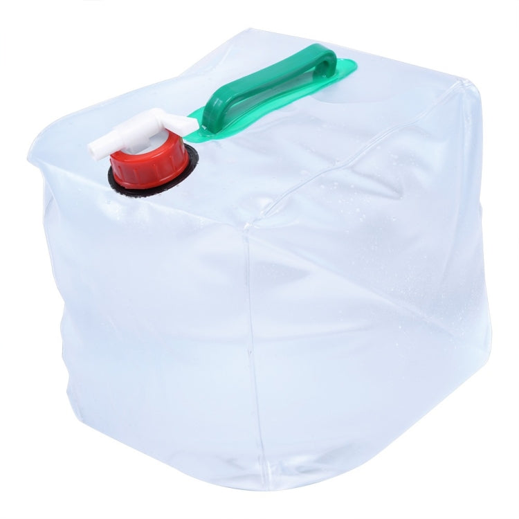 Transparent PVC drinking bag with green carrying handle and red screw spout cap.