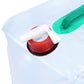 PVC water bag spout assembly: red valve, white tap nozzle, green carry handle.