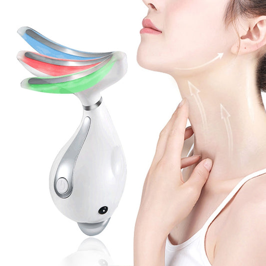 Handheld dolphin neck and face massager with LED light and vibrating massage head