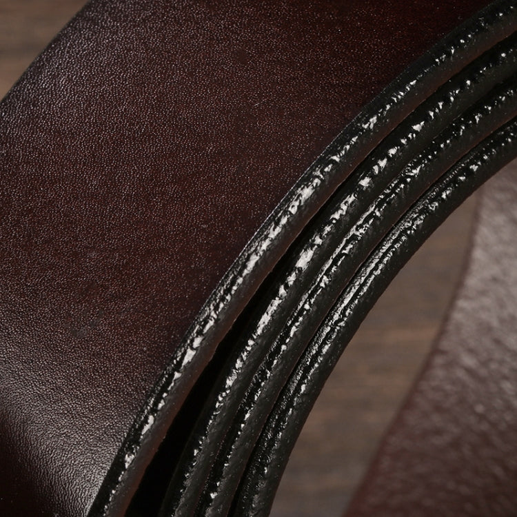 Close-up of dark brown leather belt with glossy edge coating