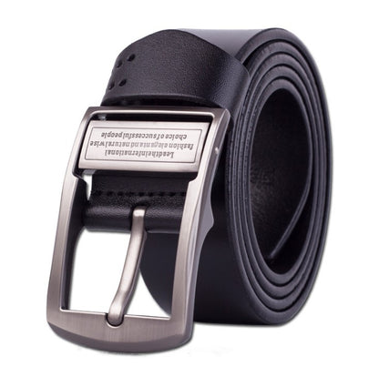 Black pin buckle leather belt with metal buckle and punched adjustment holes