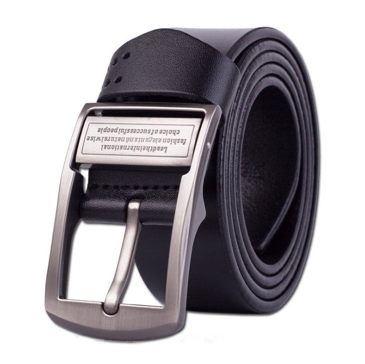 Men's dark leather belt with metal pin buckle and stitched eyelet holes