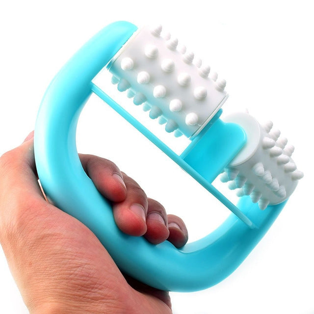Blue manual plastic two-wheel massager with round handle and white roller spikes