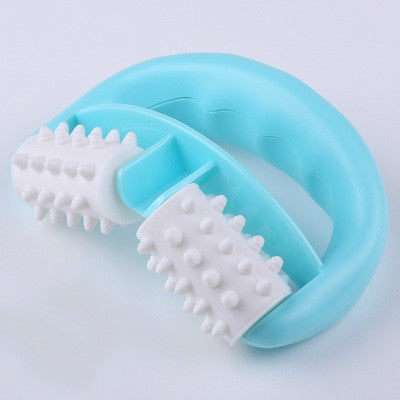 Light blue manual plastic two-wheel massager with white spiked rollers