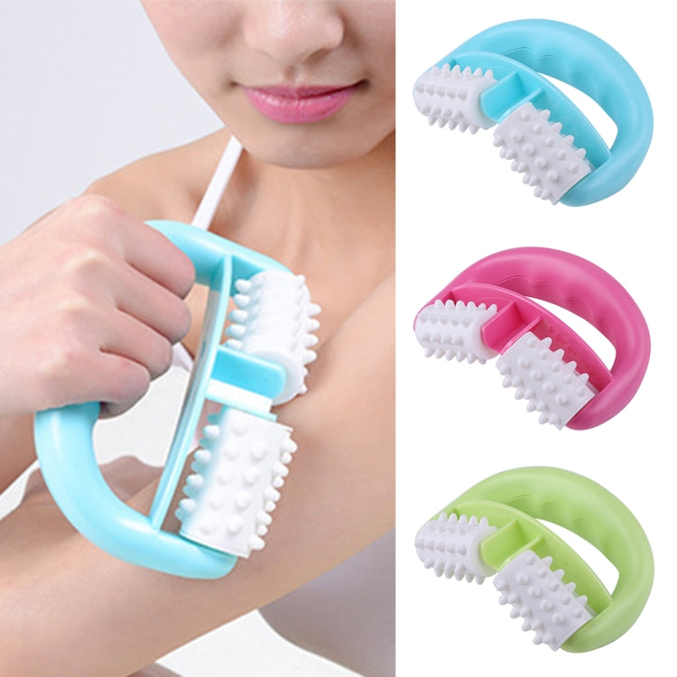 Blue manual two-wheel massager with white spiked rollers on handle