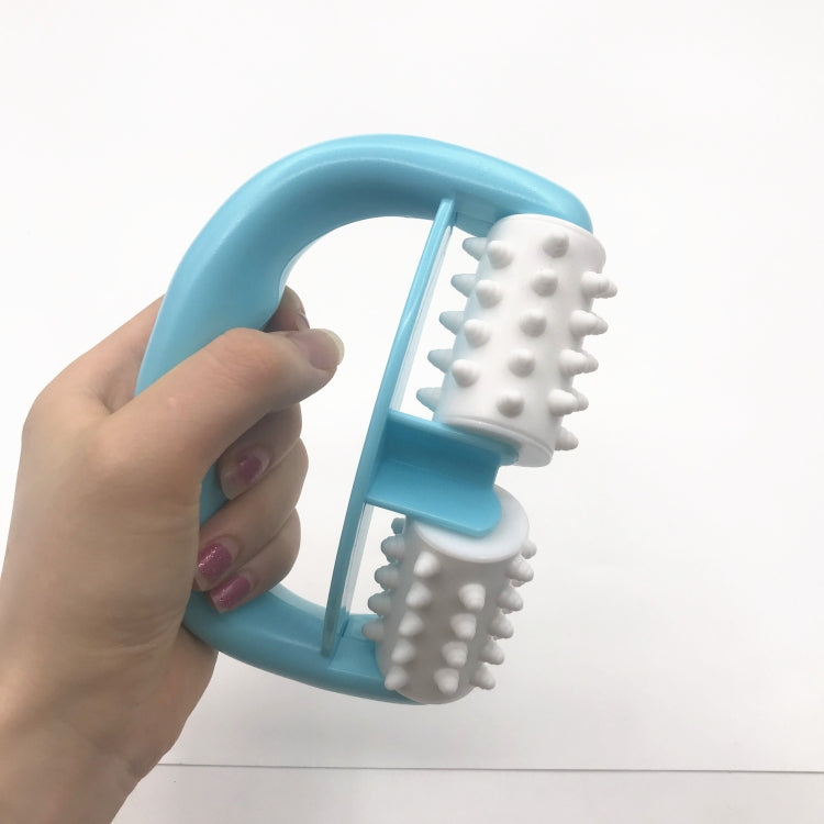 Blue manual plastic two-wheel massager with white spiked rollers