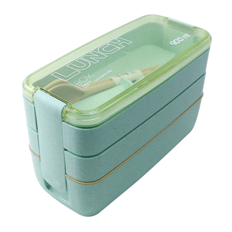 Green 3-layer bento lunch box with clear snap lid, wheat-straw look, 900 ml