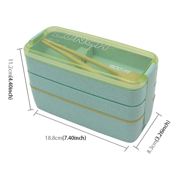 Green 3-layer bento lunch box with clear lid and 900 ml marking, rectangular shape