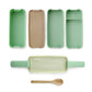 Green and khaki 3-layer bento lunch box set with removable tray inserts and utensils