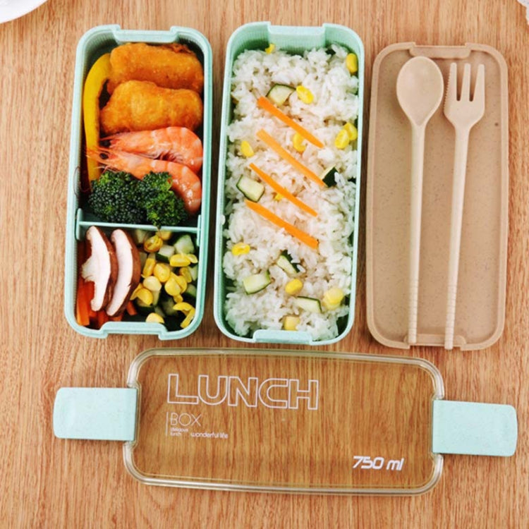 3-layer bento lunch box filled with chicken, rice, and vegetables; includes fork and spoon