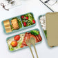 Teal 3-layer bento lunch box with two compartments of food and included plastic cutlery
