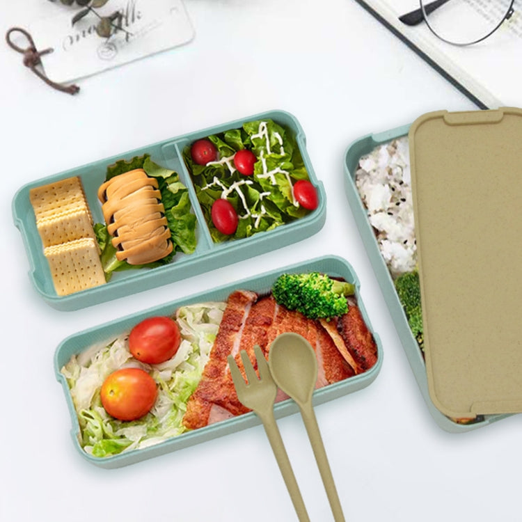 Teal 3-layer bento lunch box with two compartments of food and included plastic cutlery