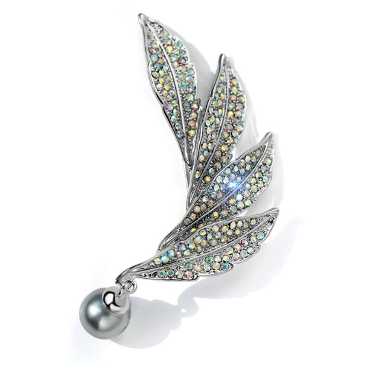 Silver-toned feather brooch with multicolor crystals and pearl drop charm