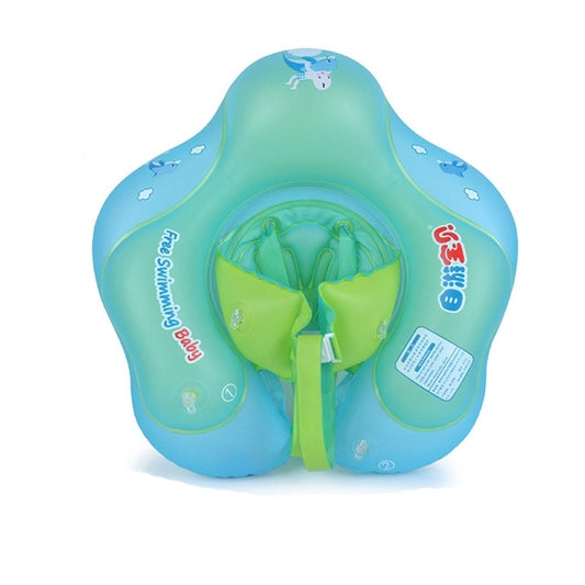 Baby inflatable swimming ring in aqua blue with green inner float and dolphin graphics
