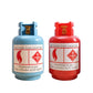 Two simulated gas tank coin banks, blue and red, with brass coin openings