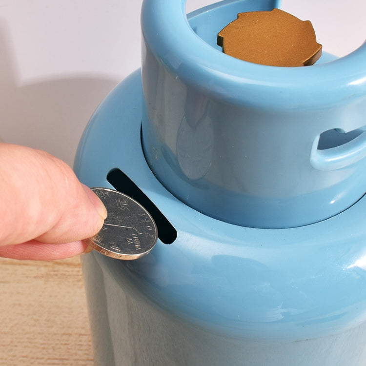Blue simulated gas tank coin bank with coin slot and inserted coin