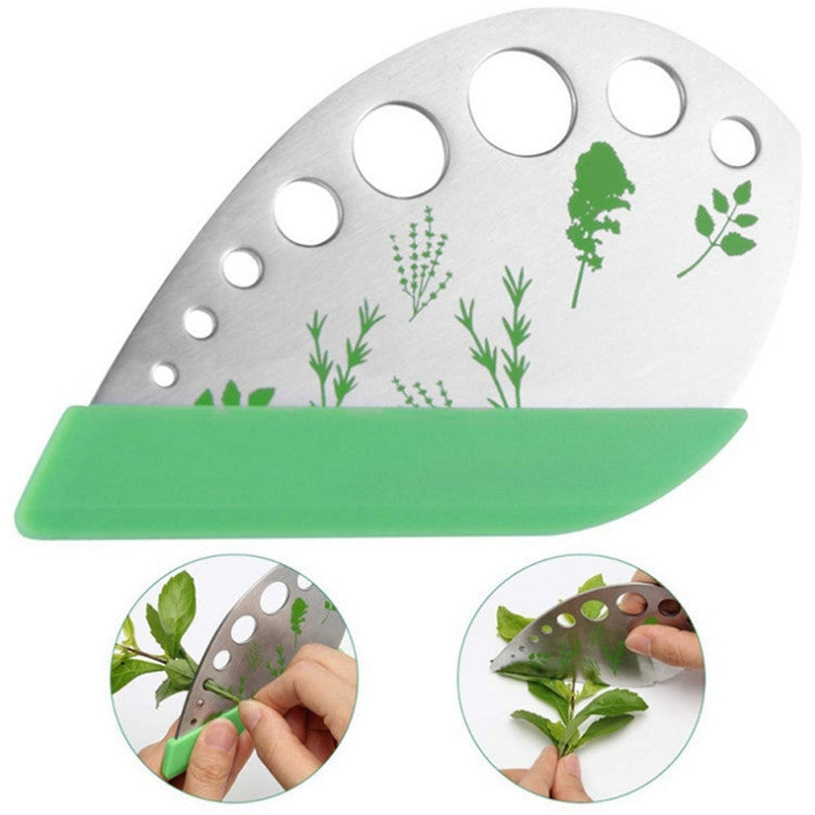 Stainless steel 9-hole vanilla cutter with green handle and botanical leaf design