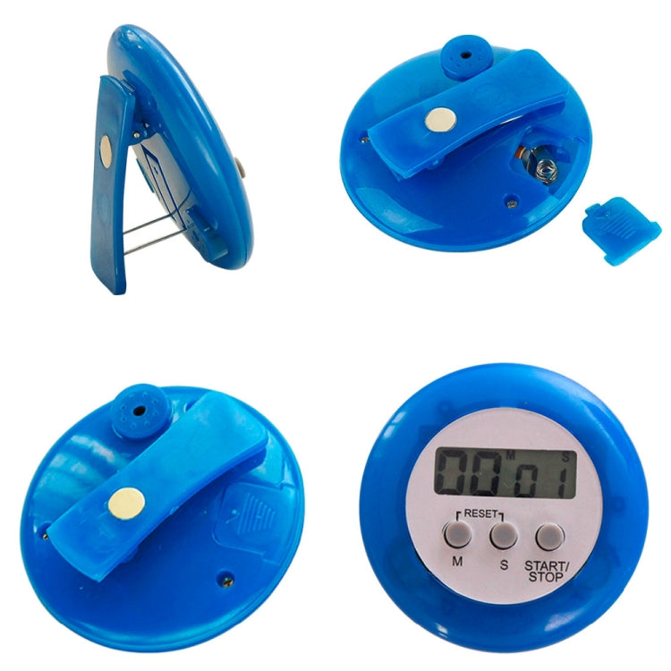 Blue round magnetic countdown timer with open back and hanging clip