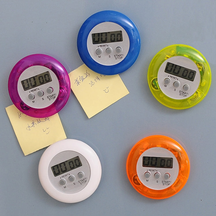 Assorted round magnetic countdown timers in blue, pink, yellow, white, and orange