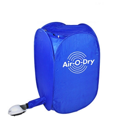 Portable mini clothes dryer with blue fabric cover, Air-O-Dry logo, and air hose