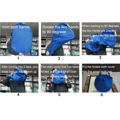 Blue dryer cover bag installation steps showing hands twisting to secure cover