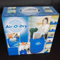 Air-o-Dry mini clothes dryer retail box with blue dryer cover graphics