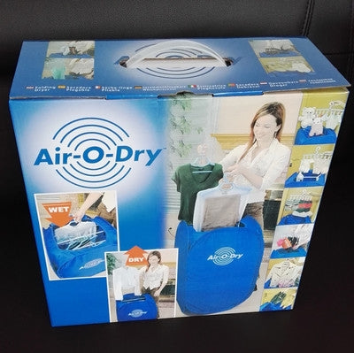 Air-o-Dry mini clothes dryer retail box with blue dryer cover graphics