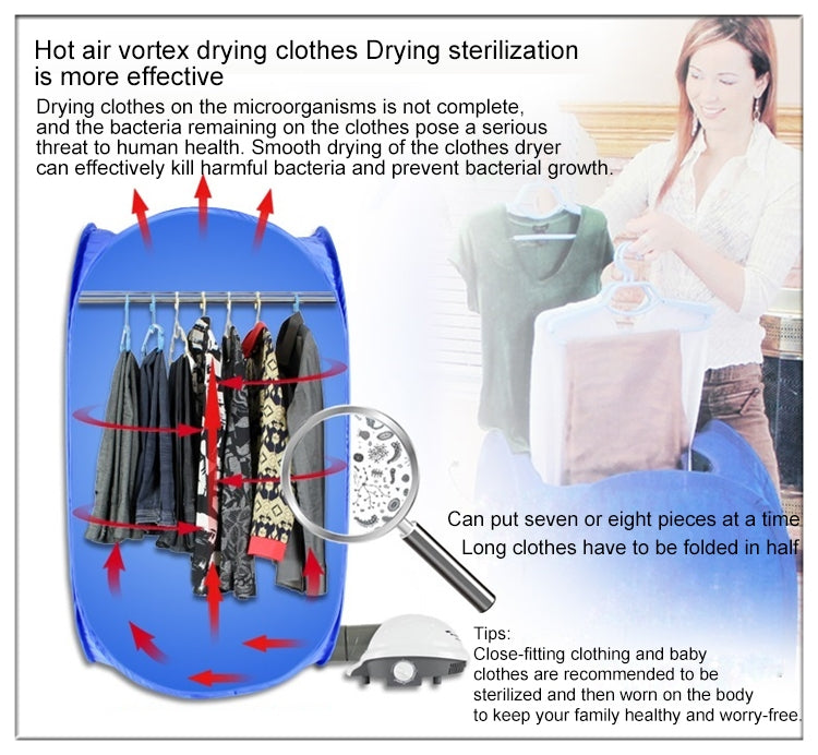 Blue mini clothes dryer with hanging clips and fan air outlet shown in diagram