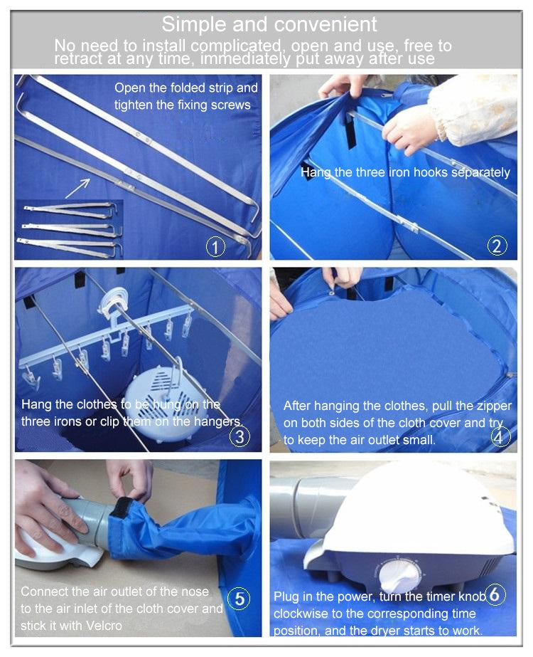 Blue mini clothes dryer cover with adjustable straps and hanging rail setup