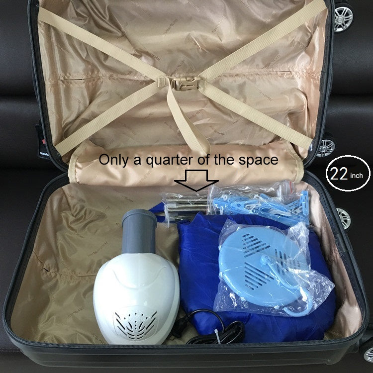 Mini clothes dryer kit in open case with blue cover, white fan unit, and parts