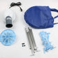 Mini clothes dryer parts layout: blue cover, white blower, rails, and clips