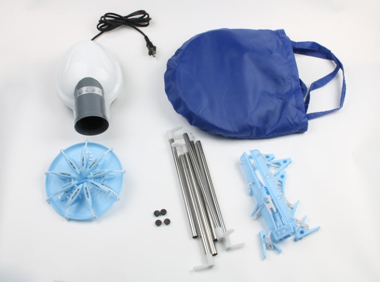 Mini clothes dryer parts layout: blue cover, white blower, rails, and clips