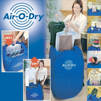 Air-O-Dry portable mini clothes dryer with blue fabric cover and logo