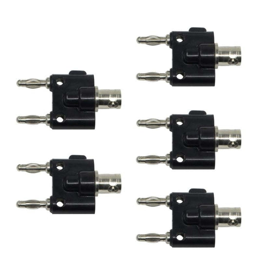 5-pack BNC to dual banana plug adapter, black housing with two metal banana posts