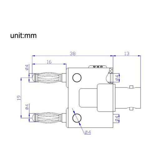 Adapter wiring diagram with labeled dimensions for BNC female to dual banana connector