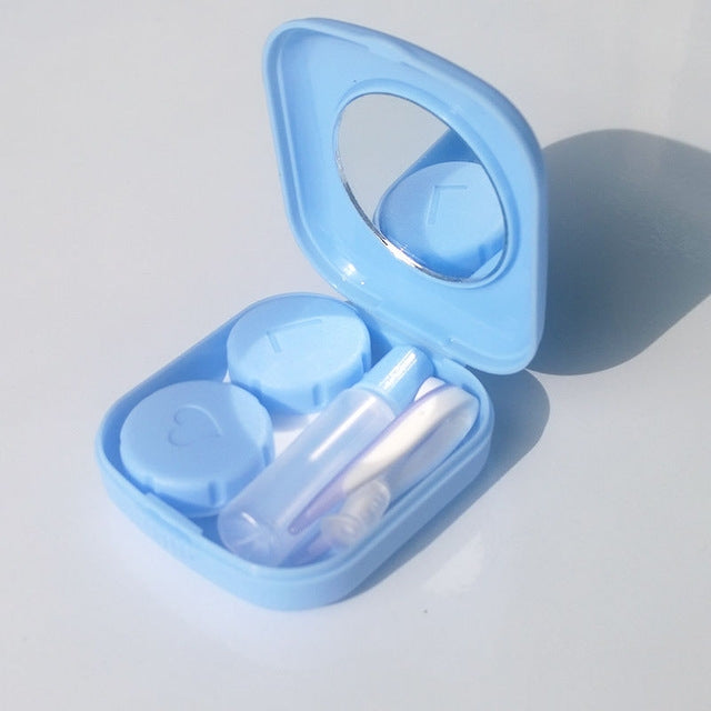 Blue mini square contact lens case set with mirror lid and two compartments