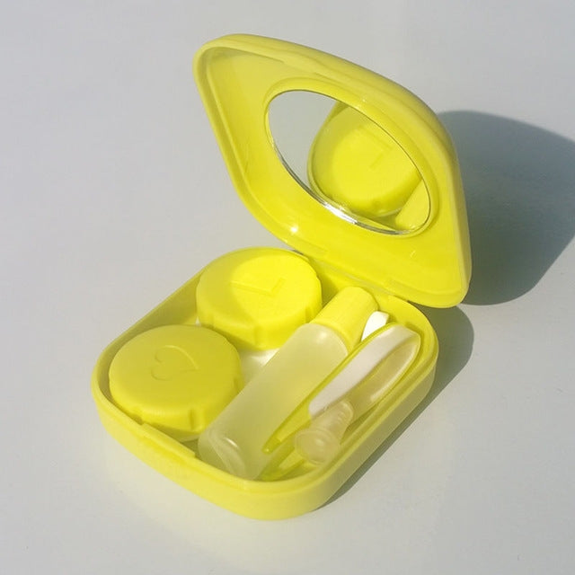 Yellow mini square contact lens case with mirror lid, two compartments, and tools