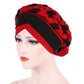 Two-color braided milk silk turban cap, red and black, front view with side drape